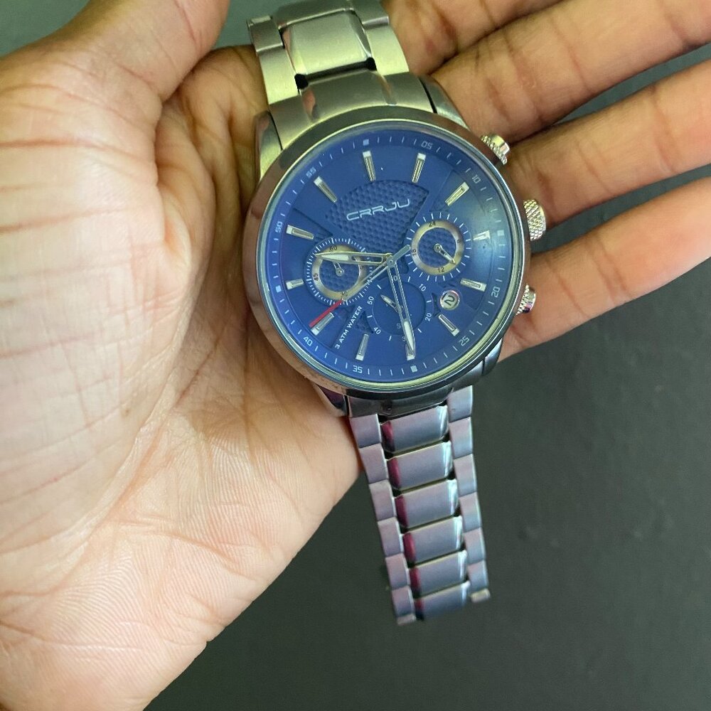 CRRJU Man stainless steel blue and silver quartz wristwatch